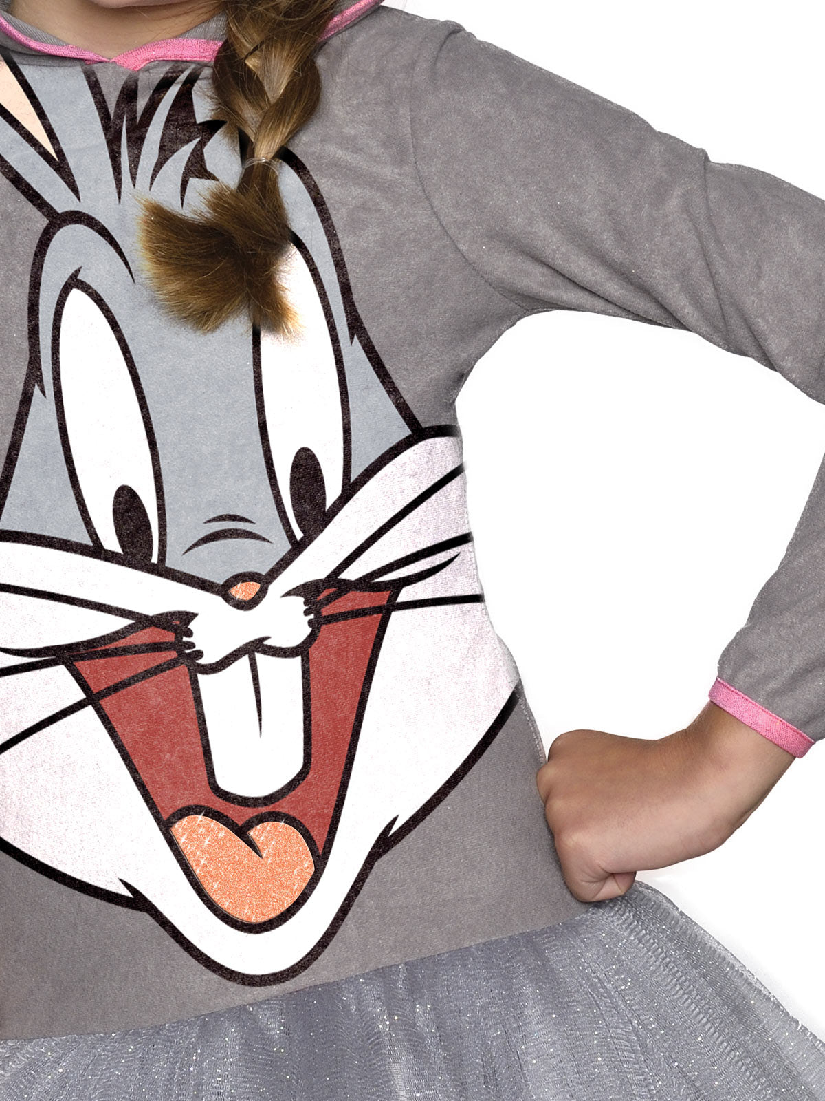 Close-up of the Bugs Bunny dress's large character print bodice