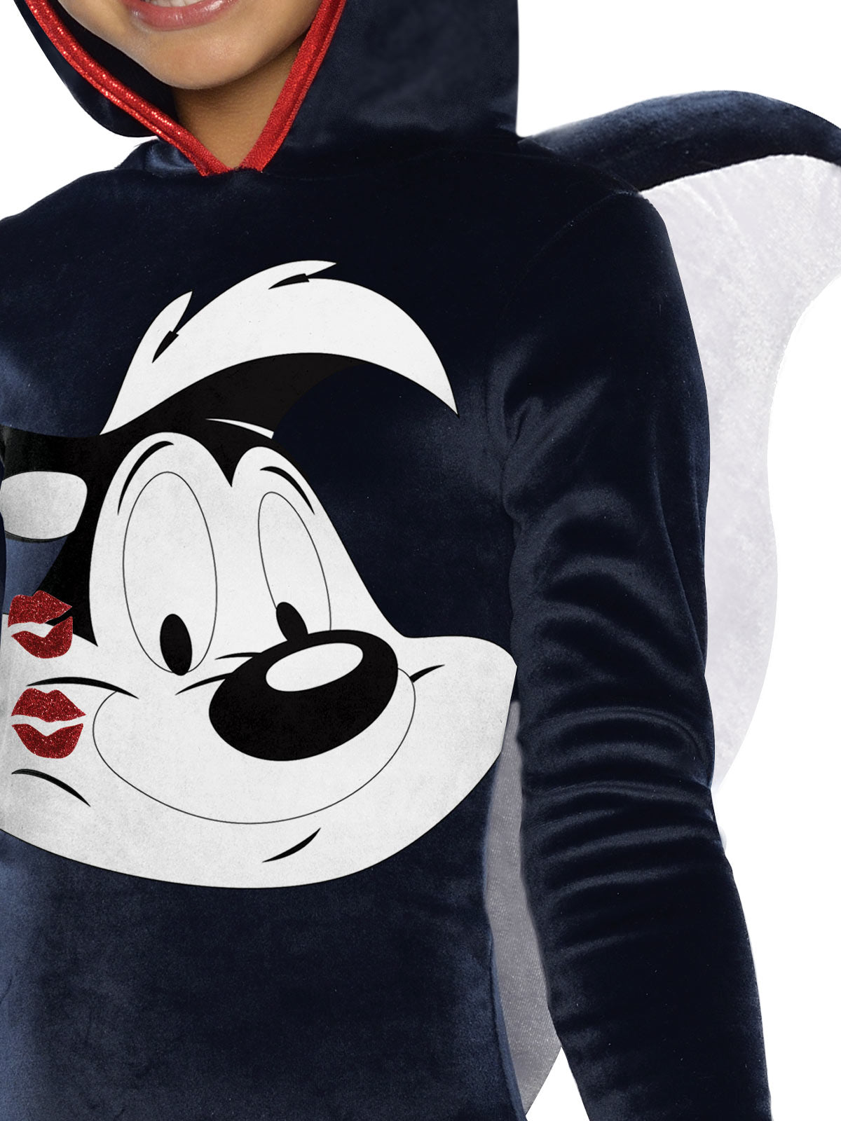 Close-up of the Pepe Le Pew dress bodice print and hood with 3D ears