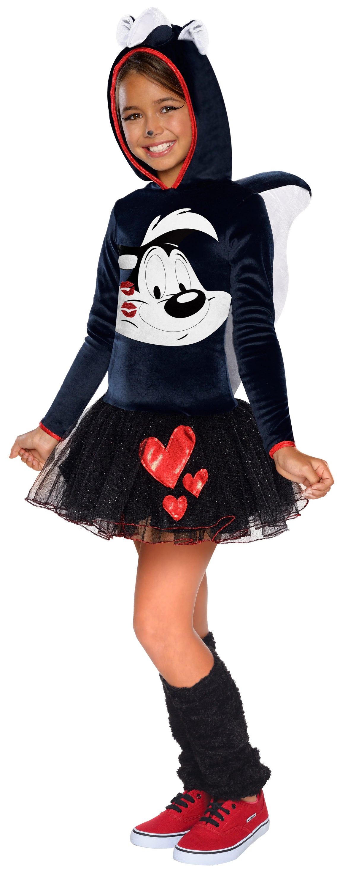 Girl in the Looney Tunes Pepe Le Pew hooded tutu dress with character print, red hearts, tail and leg warmers