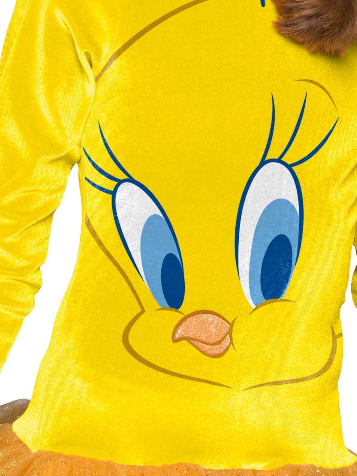 Close-up of the Tweety dress bodice's large printed Tweety face