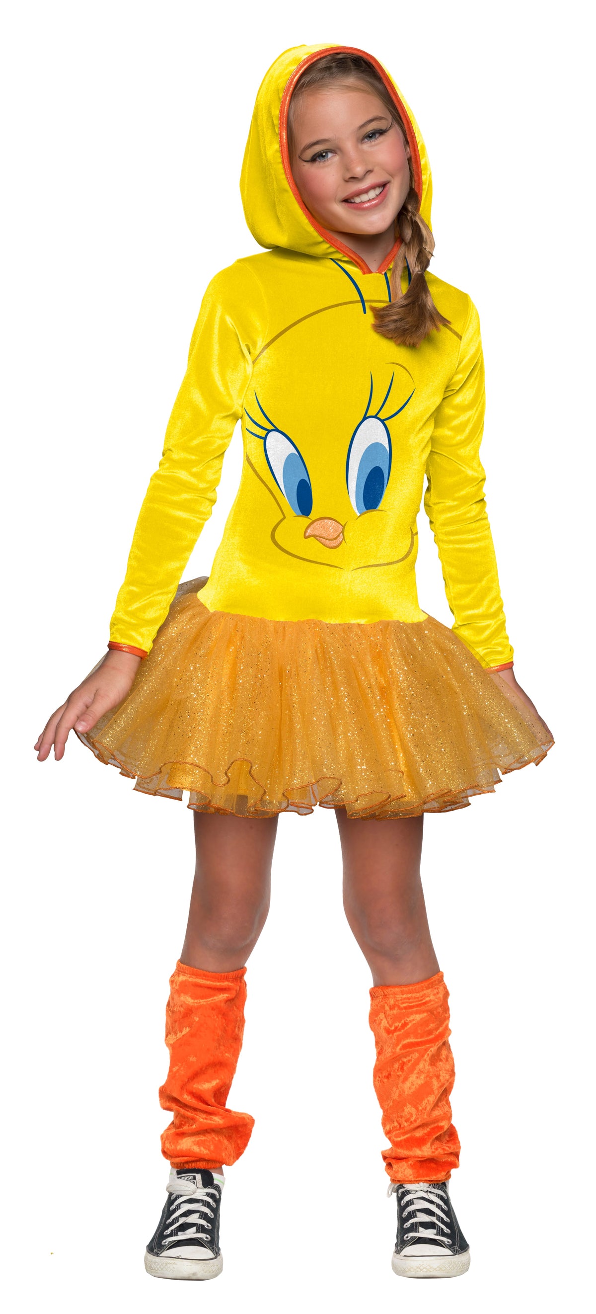 Girl wearing a yellow hooded Tweety tutu dress with large character print, glittery tulle skirt and orange leg warmers