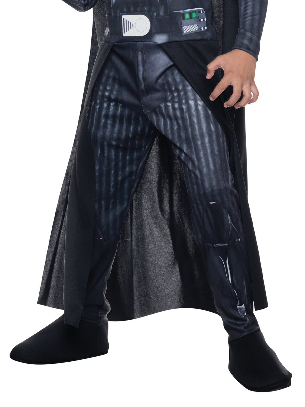 Close-up of the Darth Vader jumpsuit's printed legs, belt and detachable cape