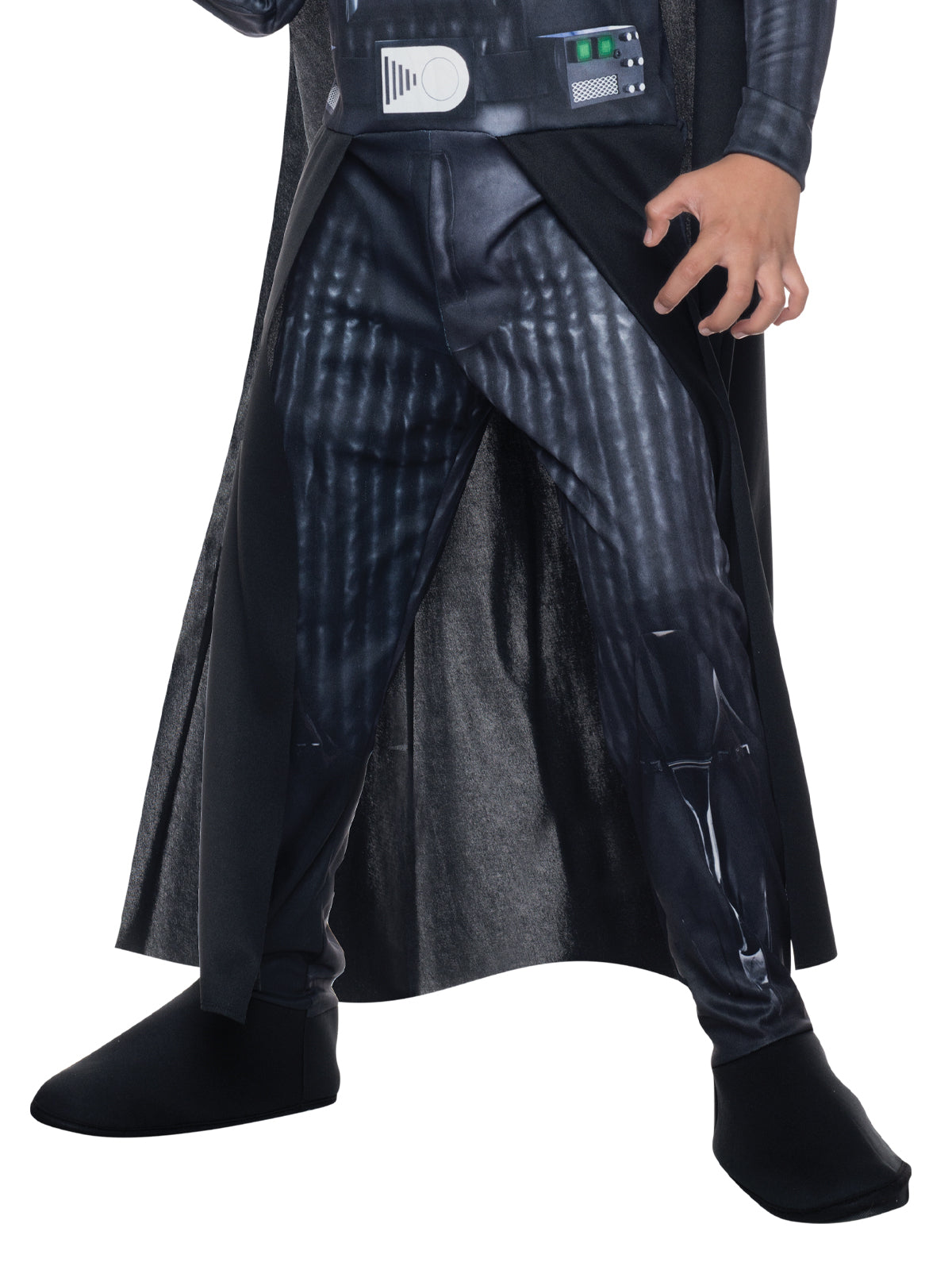 Close-up of the Darth Vader jumpsuit's printed legs, belt and detachable cape