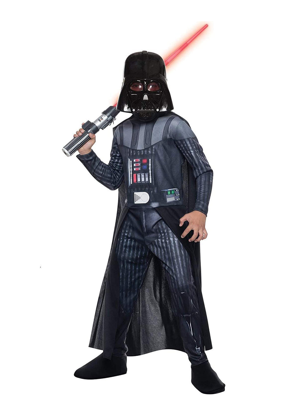 Boy in Darth Vader printed jumpsuit with control panel, black cape and helmet mask