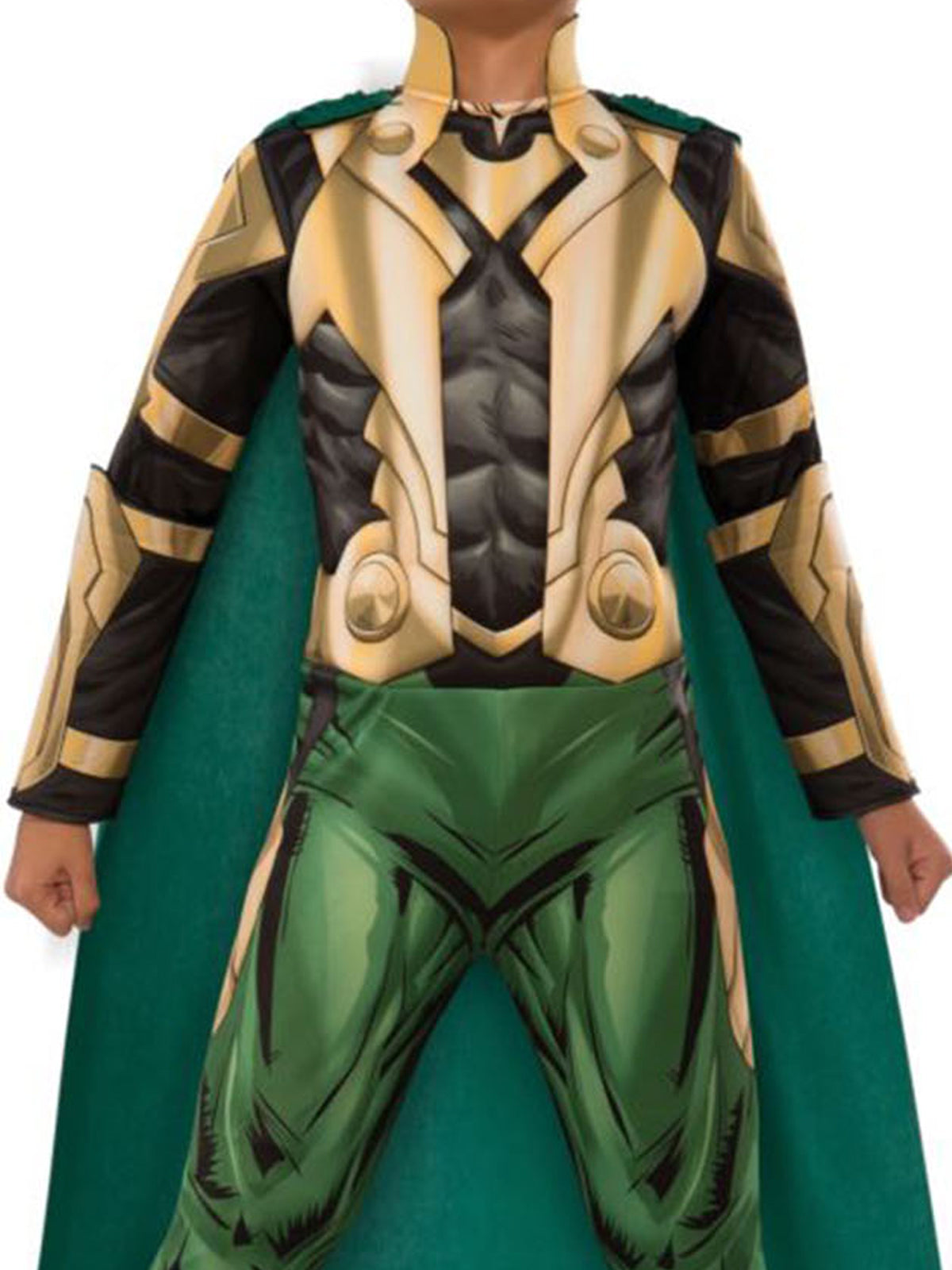 Close-up of the Loki Deluxe padded gold and black top, green printed pants and green cape