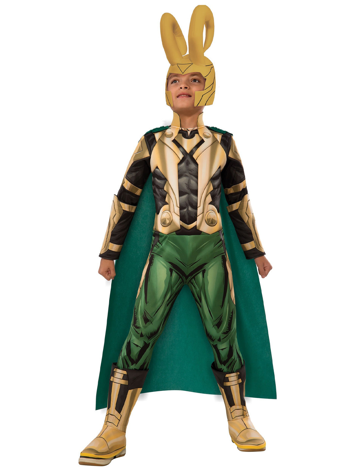 Boy in the Marvel Loki Deluxe costume with padded gold and green armour, green cape, boot tops and horned headpiece