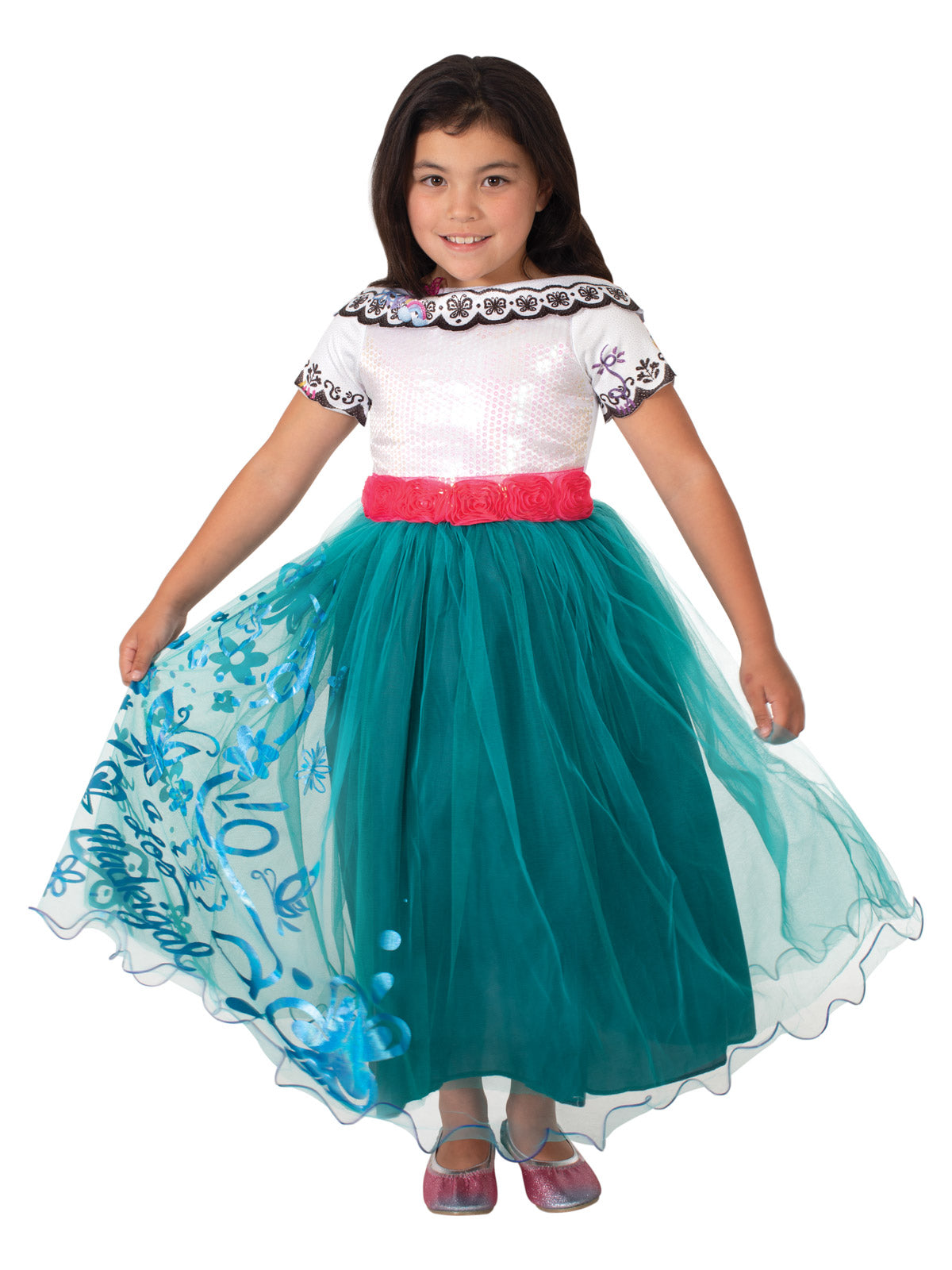 Girl in the Disney Encanto Mirabel Premium dress with a sequined white bodice, pink waist roses and teal tulle skirt