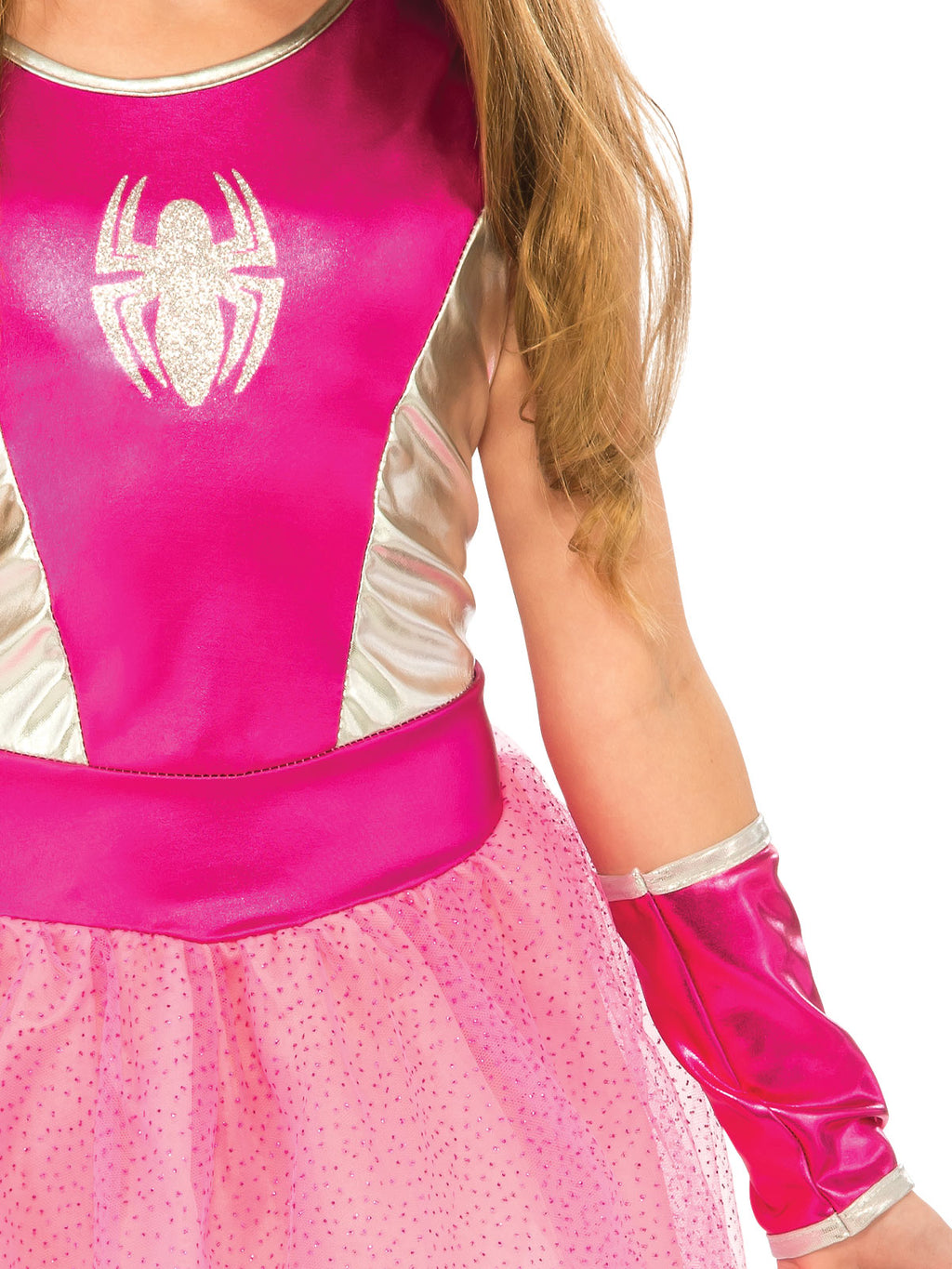 Close-up of the pink Spider-Girl dress bodice with spider emblem and glittery gauntlet