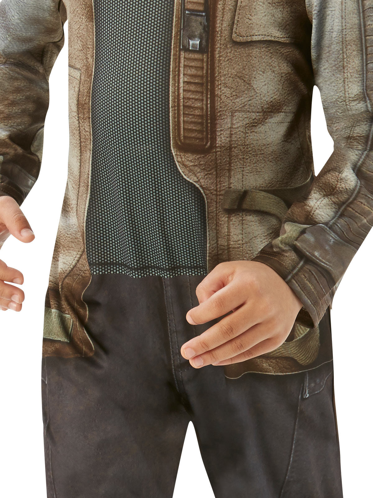 Close-up of the Finn costume's printed jacket and pants