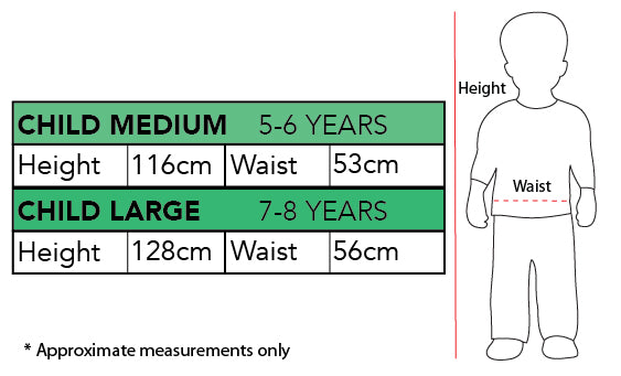 Size chart for the Finn Classic Costume, Child