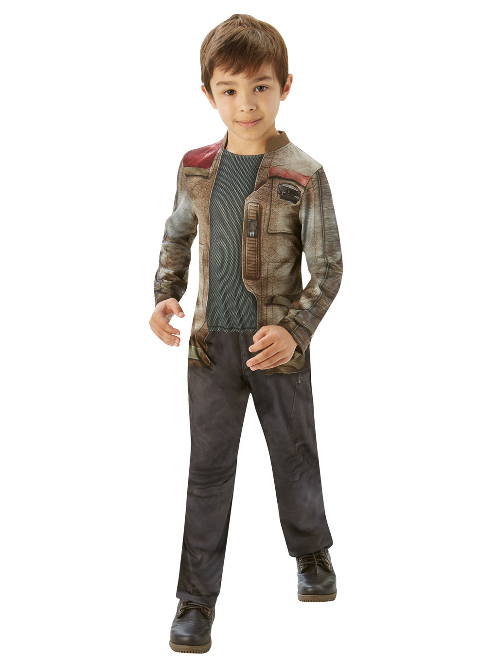 Boy in Star Wars Finn jumpsuit with printed brown jacket and grey pants