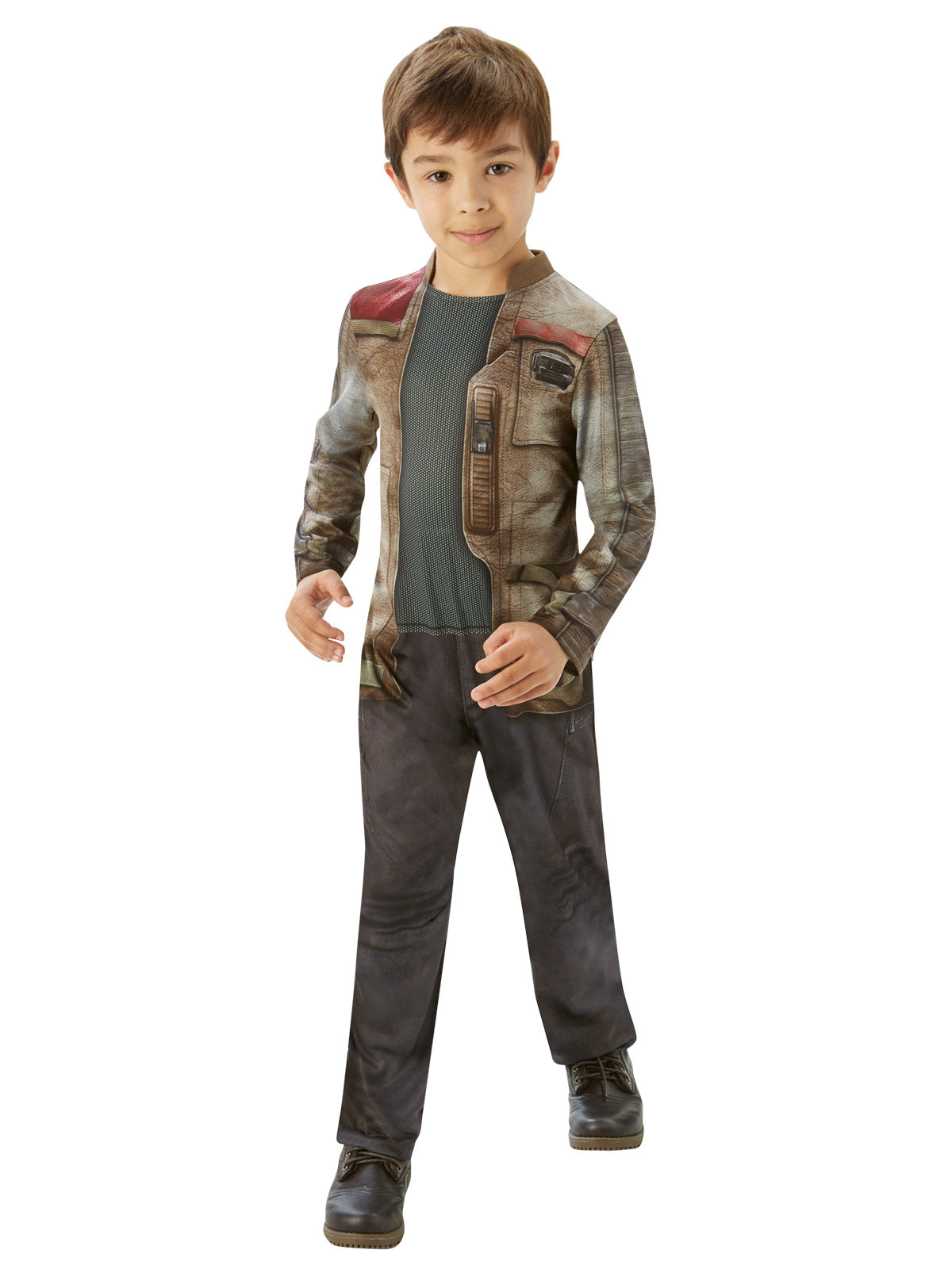 Boy in Star Wars Finn jumpsuit with printed brown jacket and grey pants