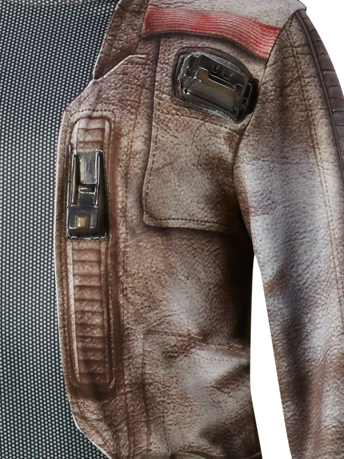 Close-up of the Finn deluxe top's printed leather-look jacket