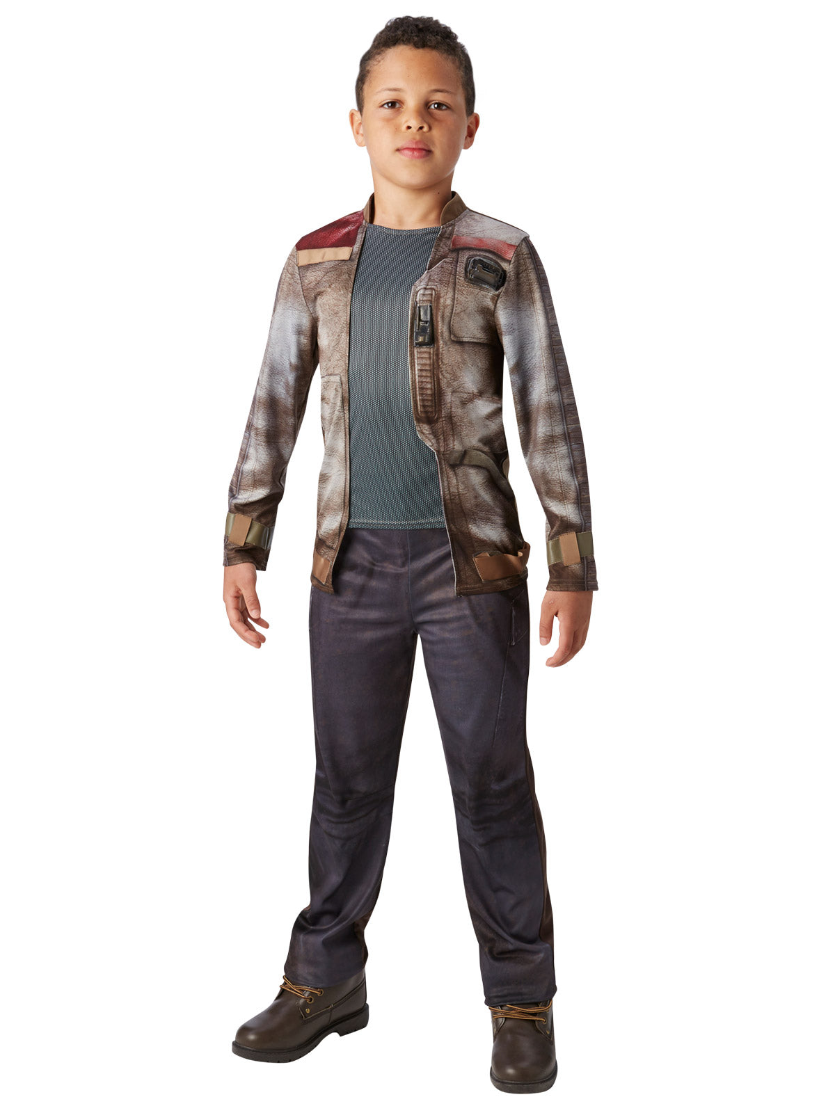Boy in Star Wars Finn deluxe top with printed brown jacket and printed pants