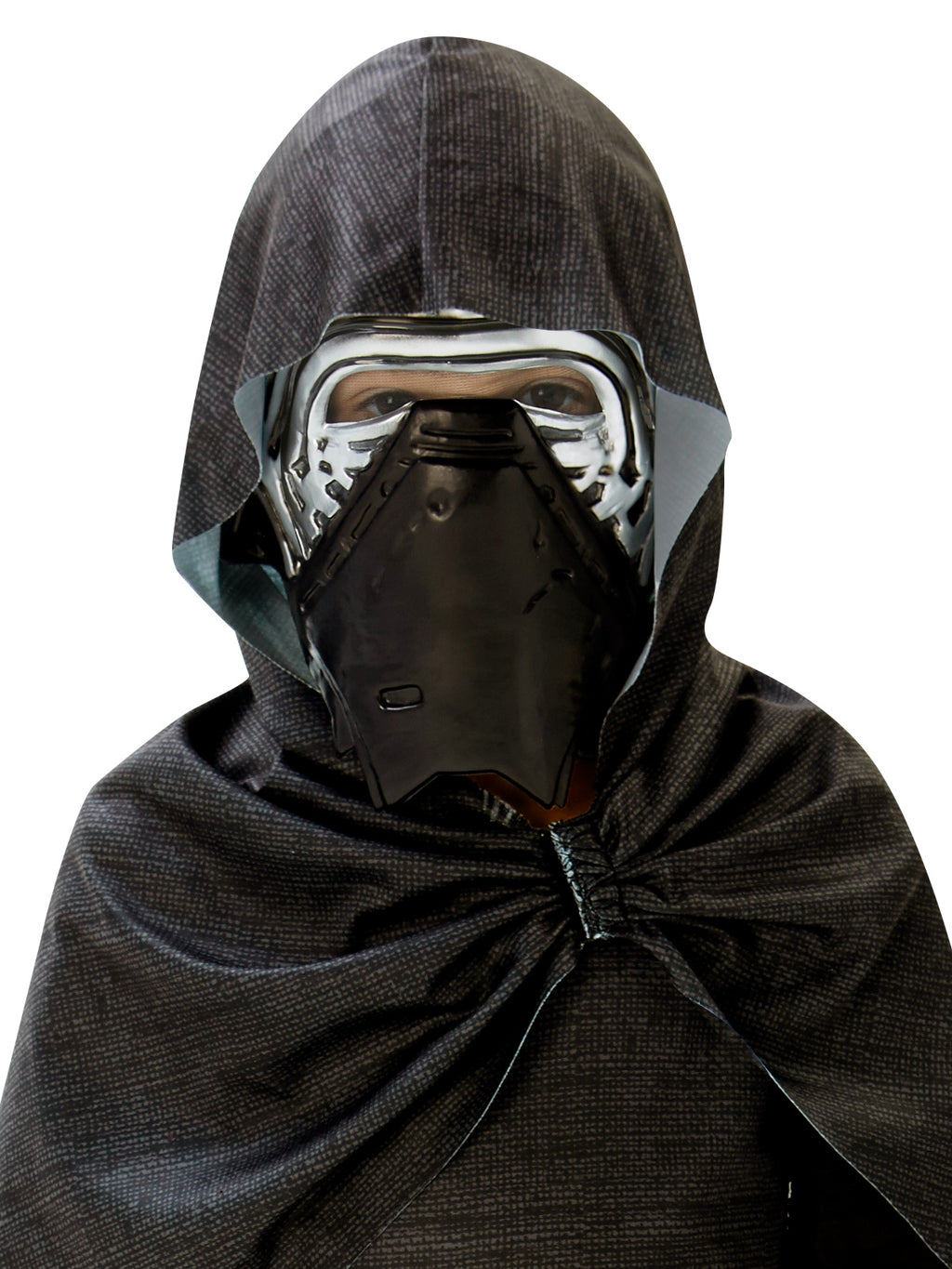 Close-up of the Kylo Ren hooded cape and silver-trimmed black mask