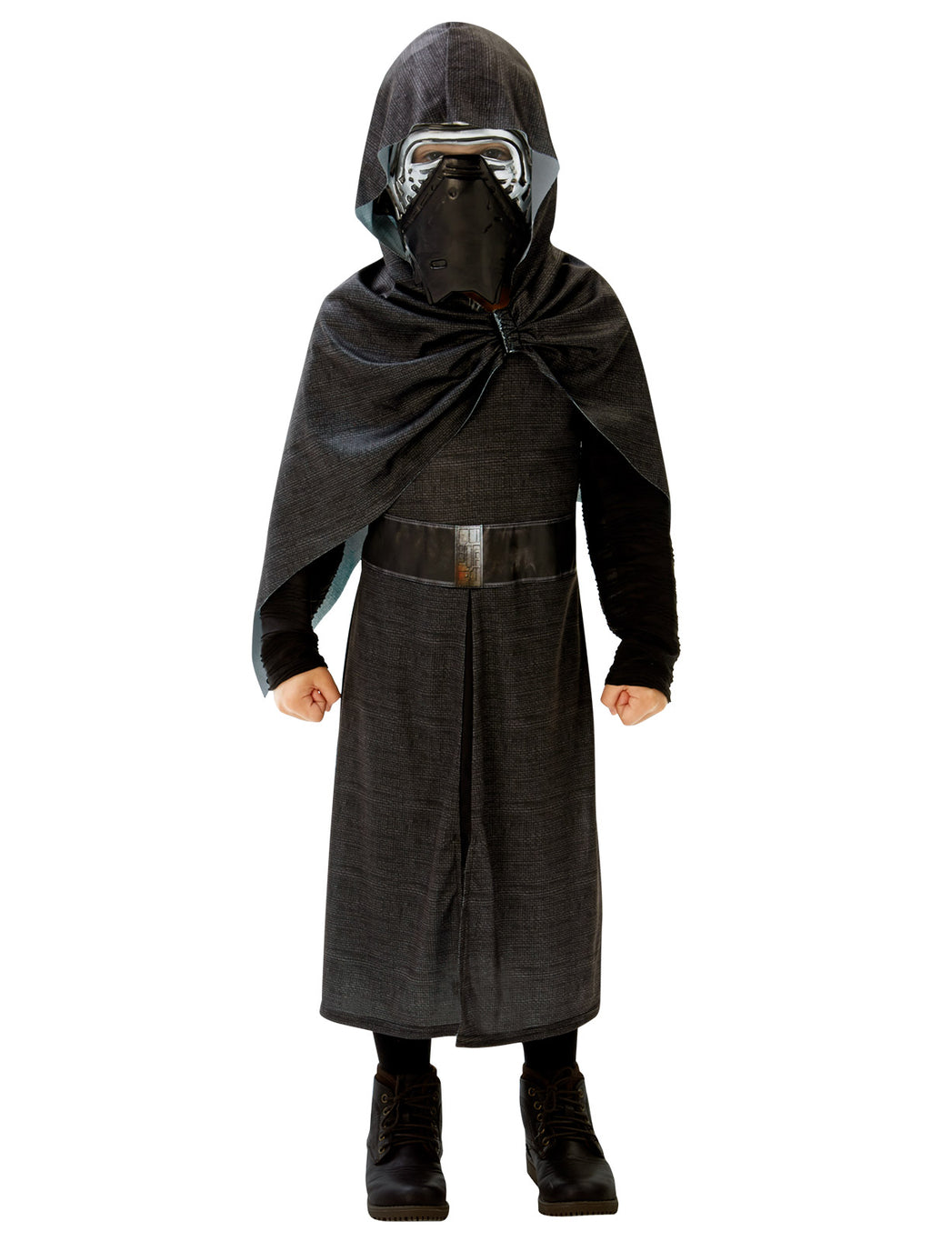 Boy in the Star Wars Kylo Ren robe with a black hooded cape, printed belt and moulded mask