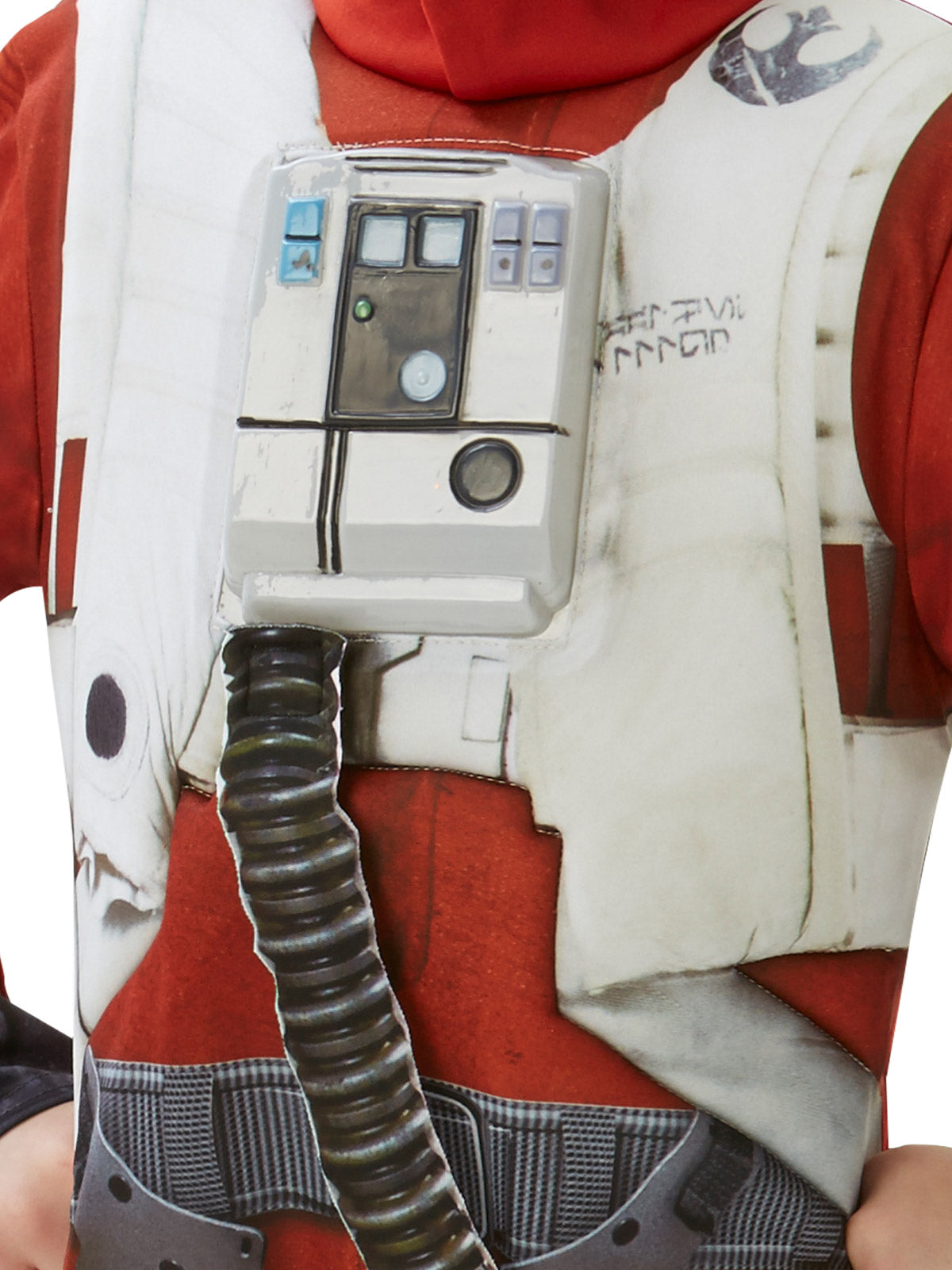 Close-up of the X-Wing Fighter deluxe jumpsuit's 3D chest control piece and breathing tube detail