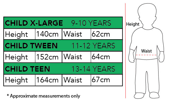 Size chart for the X-Wing Fighter Deluxe Costume, Ages 9–14, Child