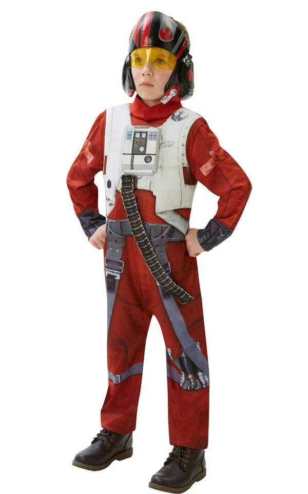 Child in an X-Wing pilot jumpsuit with orange print, harness, moulded chest piece and half mask helmet