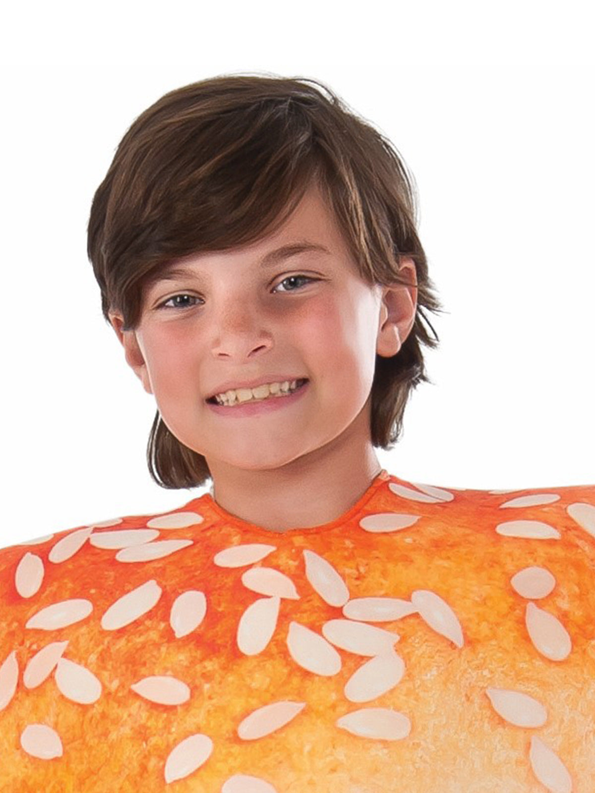 Close-up of a child's face above the sesame bun of the burger tabard