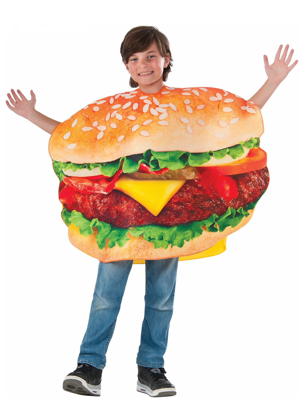 Child in a photo-real burger tabard with sesame bun, patty, cheese, tomato and lettuce (jeans not included)