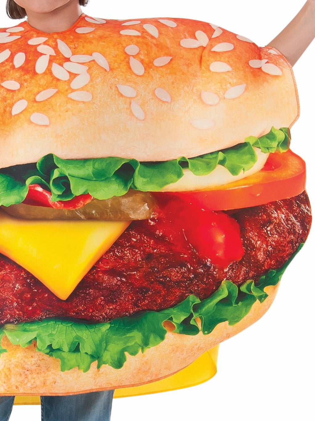 Close-up of the burger tabard's printed patty, cheese, tomato and lettuce