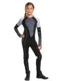 Girl in The Hunger Games Katniss 'The Game' fitted black and grey jumpsuit with printed armour panels