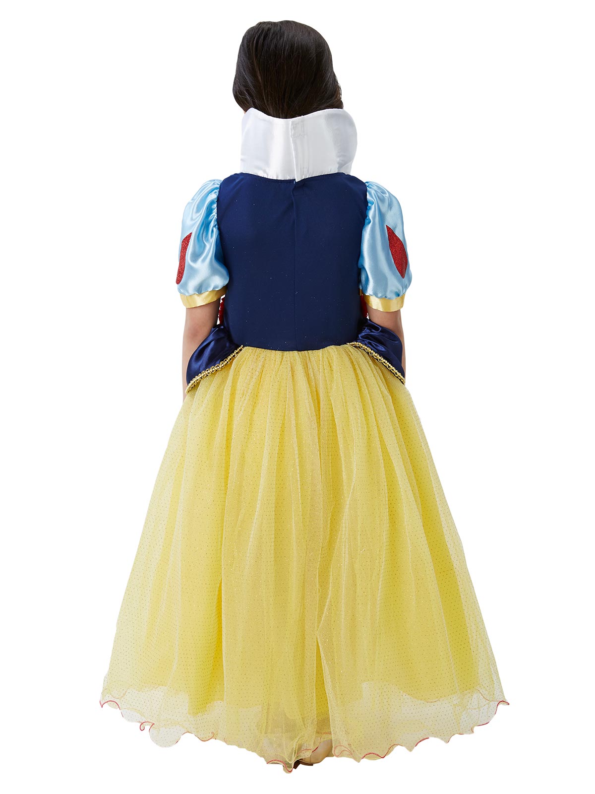 Back view of the Snow White premium dress with white collar, blue bodice and yellow tulle skirt