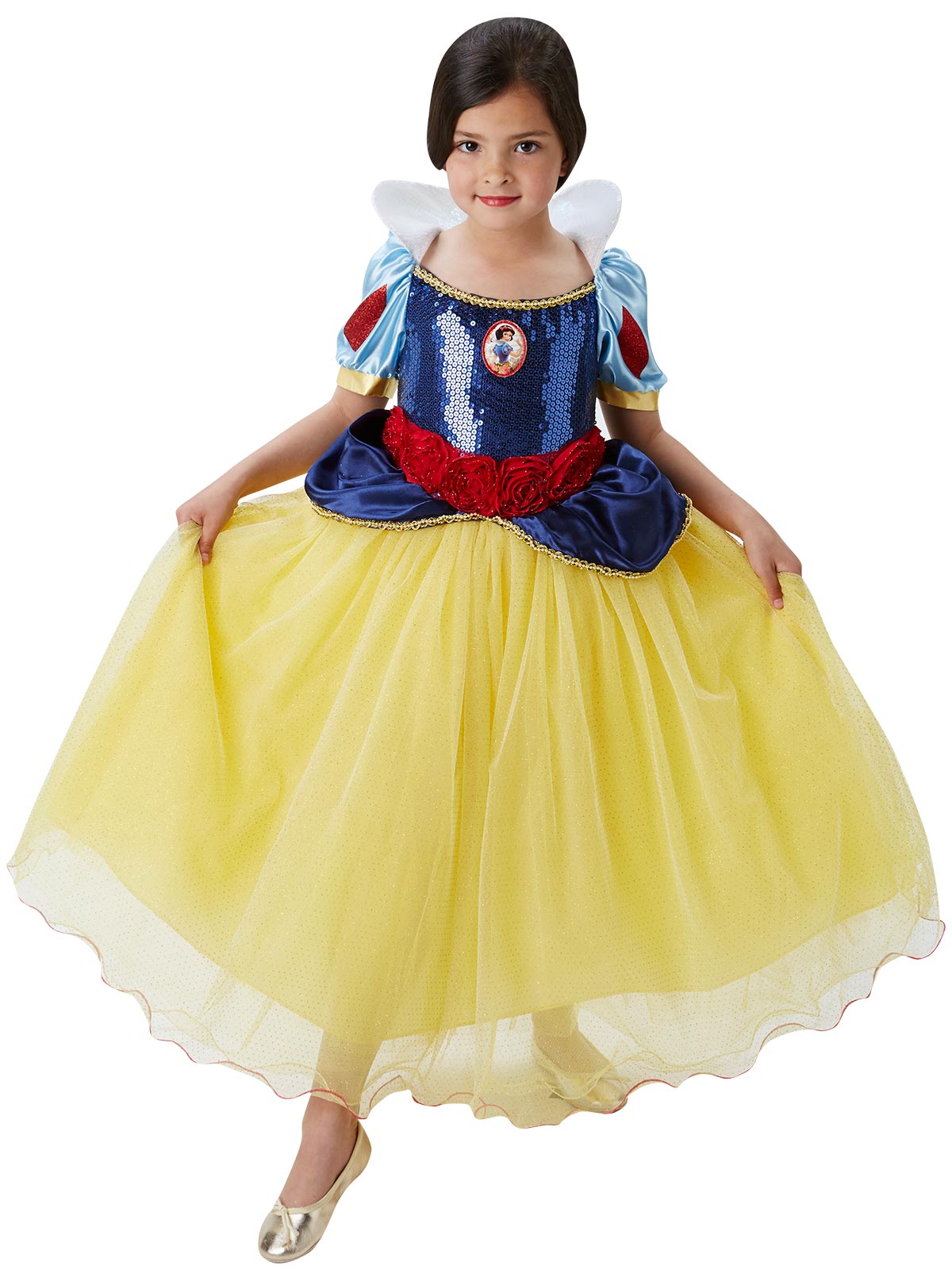 Girl holding out the layered yellow tulle skirt of the Snow White premium dress