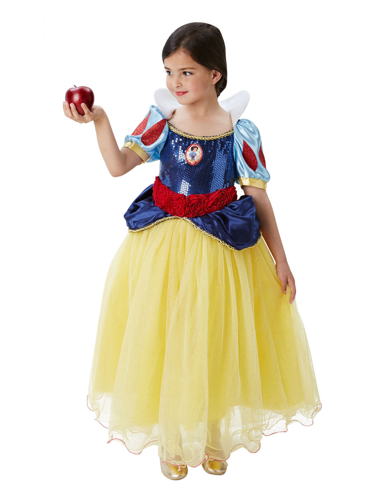 Girl in the Snow White premium dress with a blue sequin bodice, red waist roses and a layered yellow tulle skirt