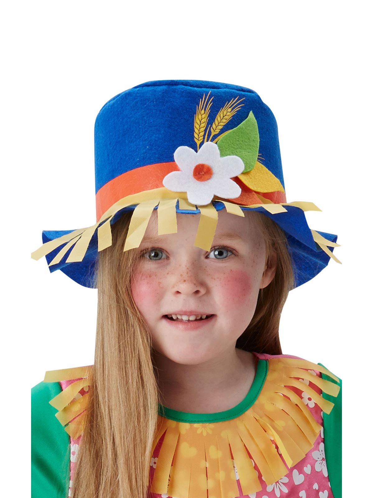 Close-up of the Mrs Scarecrow blue felt hat with straw, flower and coloured strips, and straw neckerchief