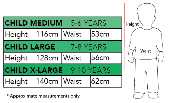 Size chart for the Mrs Scarecrow Costume, Child