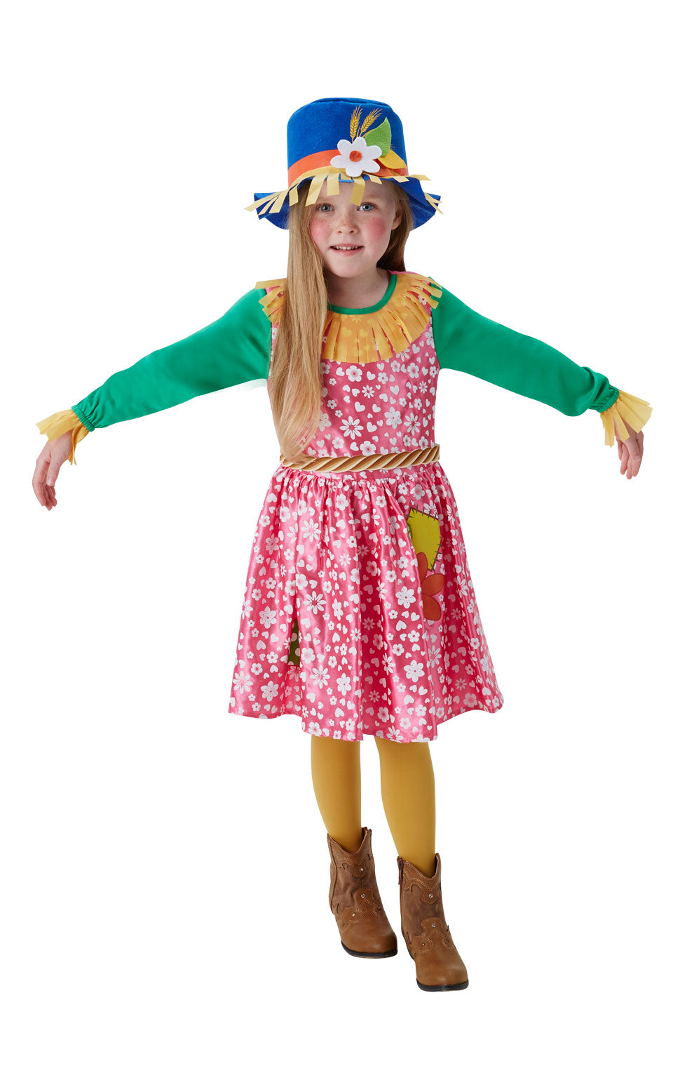 Girl in the Mrs Scarecrow costume with a pink patchwork-print dress, green sleeves and blue felt hat