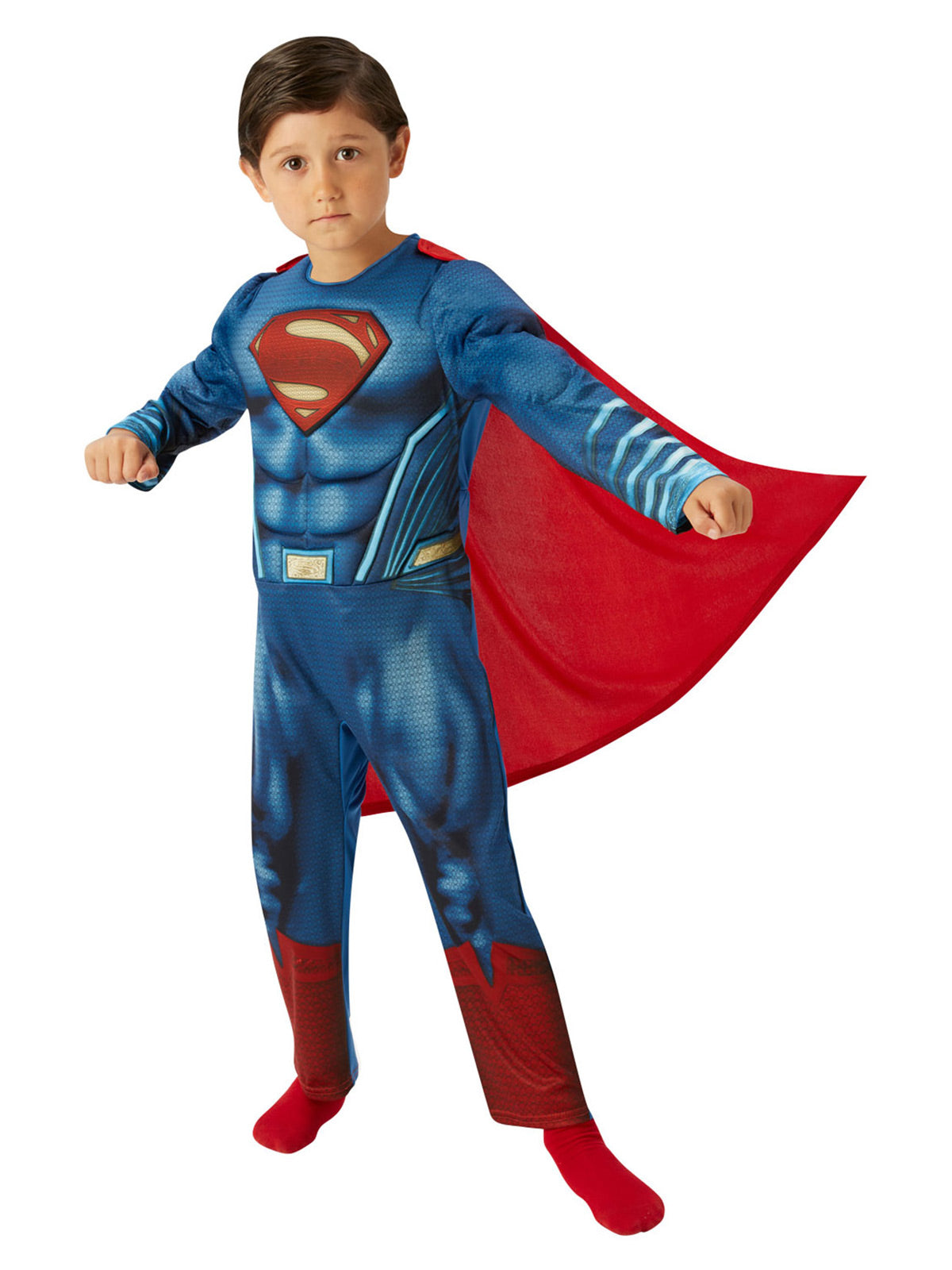 Boy wearing the Superman deluxe muscle-chest jumpsuit with stitching detail and detachable red cape