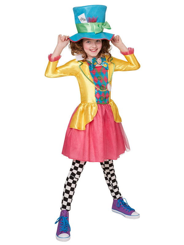 Teen girl in the Disney Mad Hatter Deluxe dress with a yellow satin jacket, pink tulle skirt and teal top hat