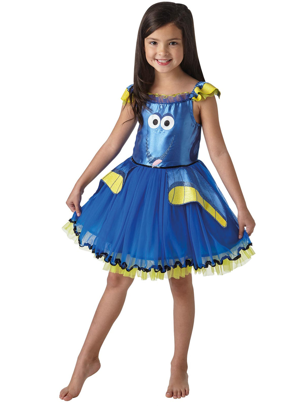Girl in Finding Dory tutu dress with Dory face bodice, blue tulle skirt and yellow fins