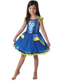 Girl in Finding Dory tutu dress with Dory face bodice, blue tulle skirt and yellow fins