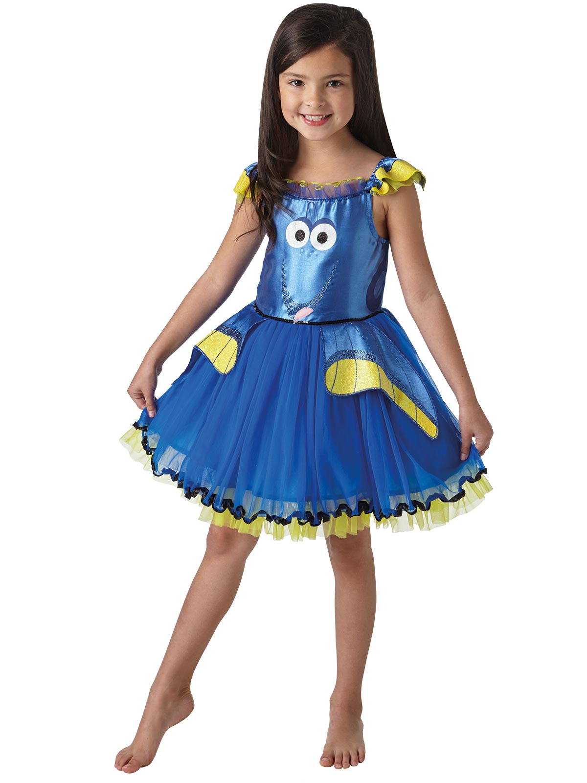 Girl in Finding Dory tutu dress with Dory face bodice, blue tulle skirt and yellow fins