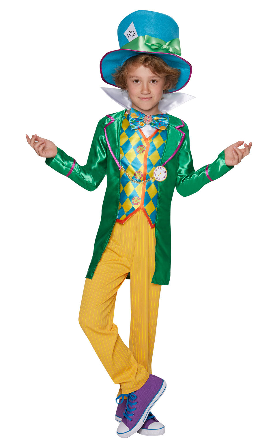 Tween boy in the Disney Mad Hatter Deluxe costume with a green tailcoat top, yellow trousers and top hat