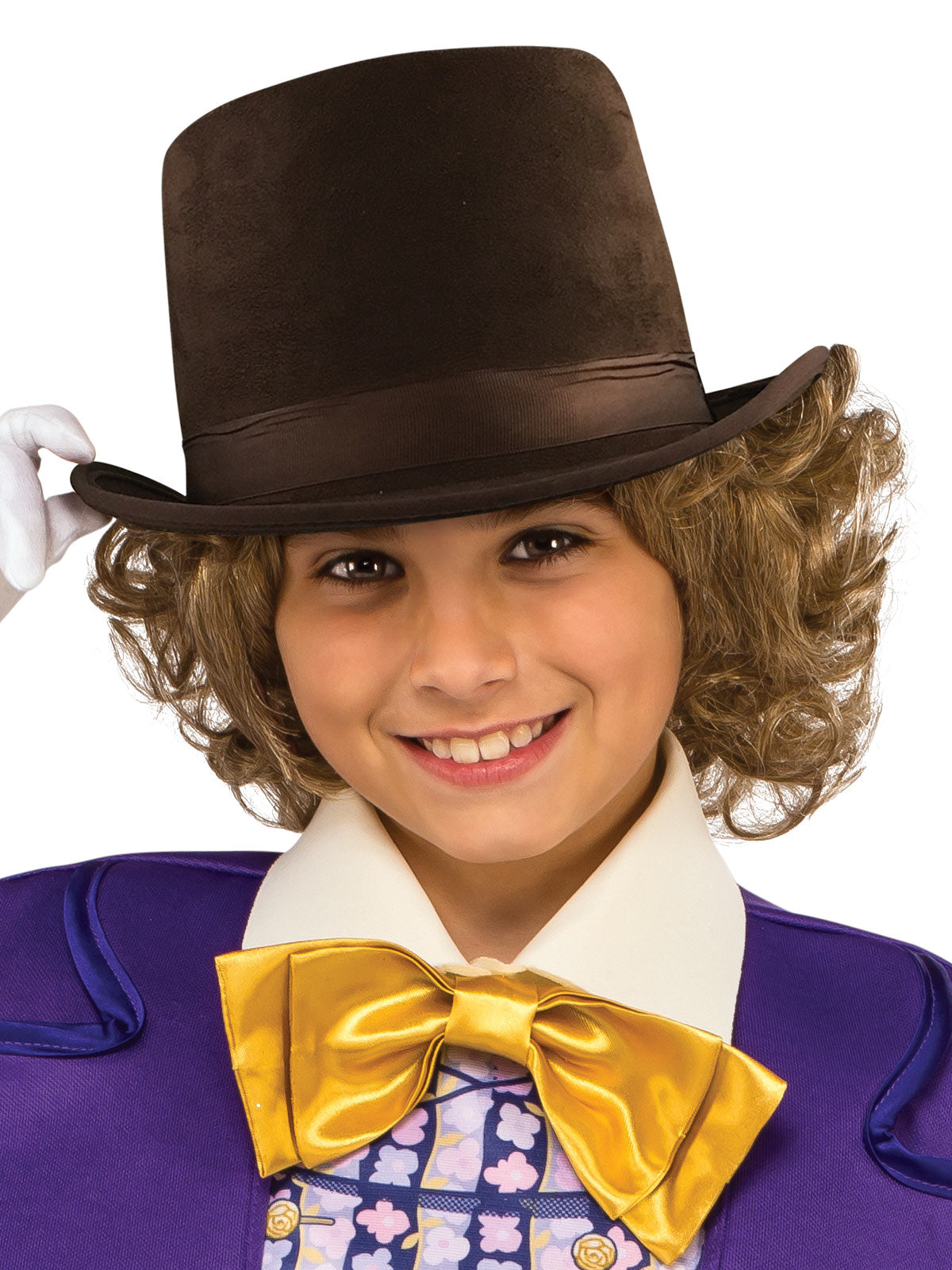 Close-up of a boy wearing the Willy Wonka Deluxe brown velour top hat and large gold satin bow tie