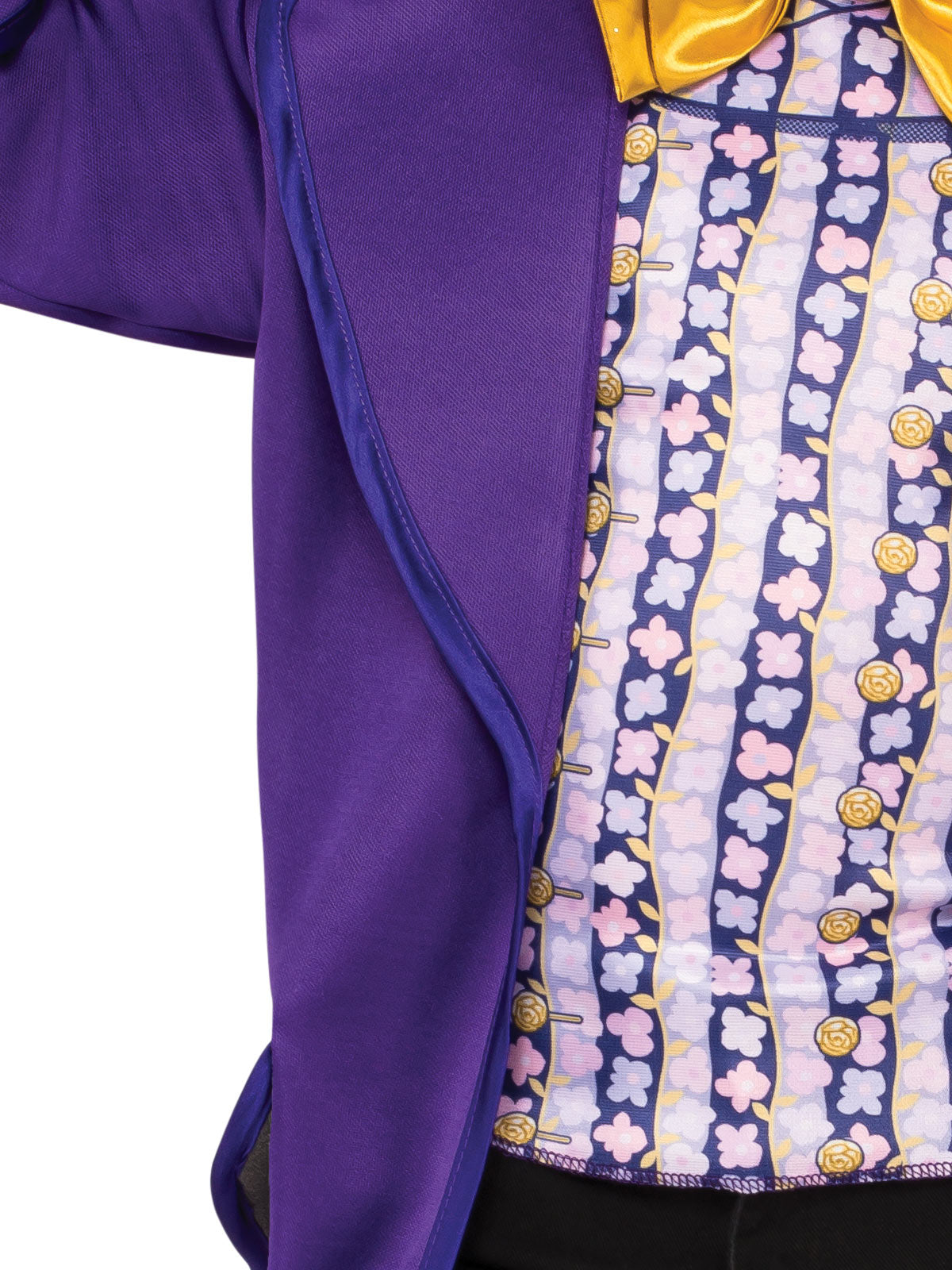 Close-up of the Willy Wonka Deluxe candy-print waistcoat and purple jacket lapel