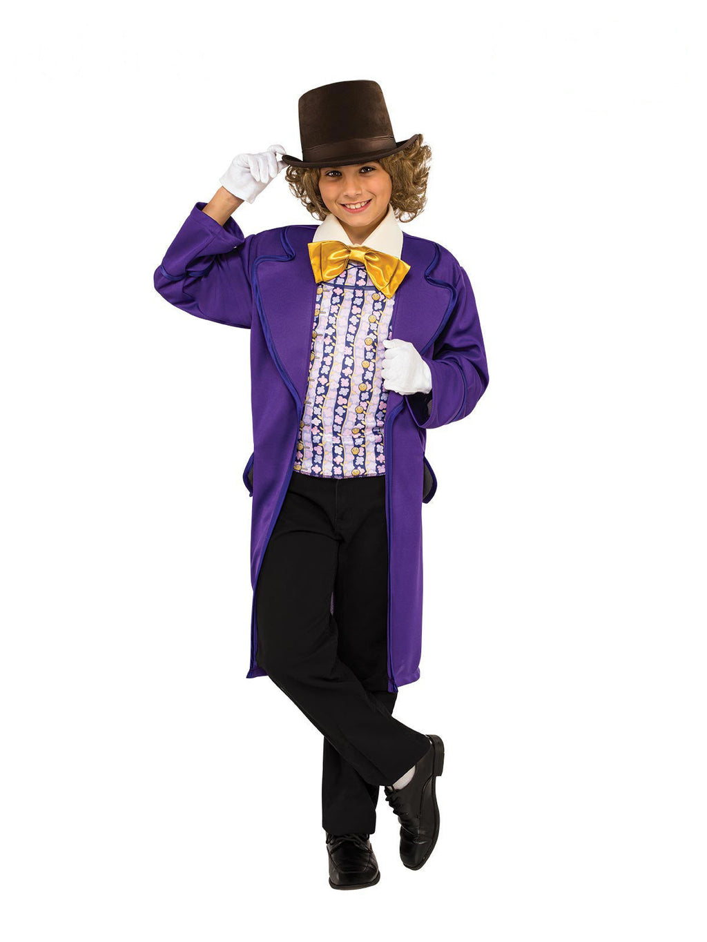 Boy in the Willy Wonka Deluxe costume with purple tail jacket, gold bow tie and brown velour top hat
