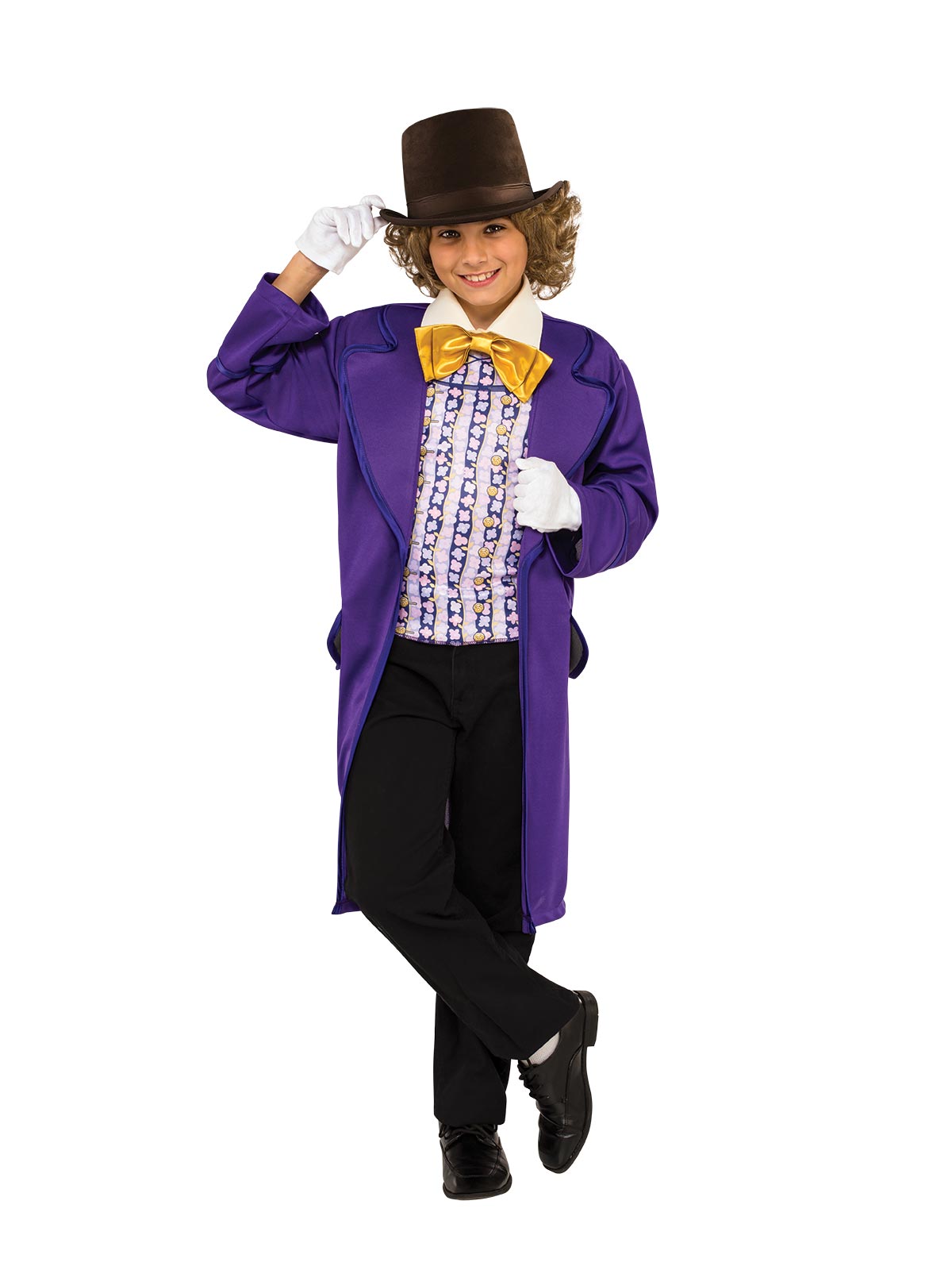 Front view of a boy in the Willy Wonka Deluxe costume, with candy-print waistcoat and large gold bow tie