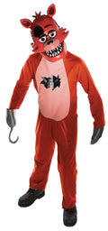 Child in the Five Nights at Freddy's Foxy costume with a red jumpsuit, pink belly, hook hand and fox mask