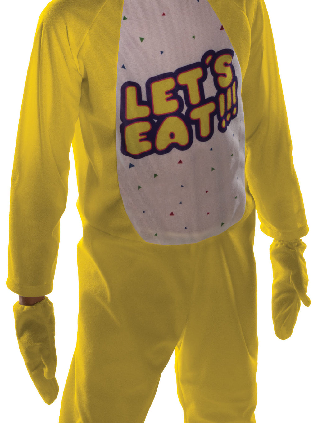 Close-up of the Chica jumpsuit's printed Let's Eat belly panel and yellow mitts