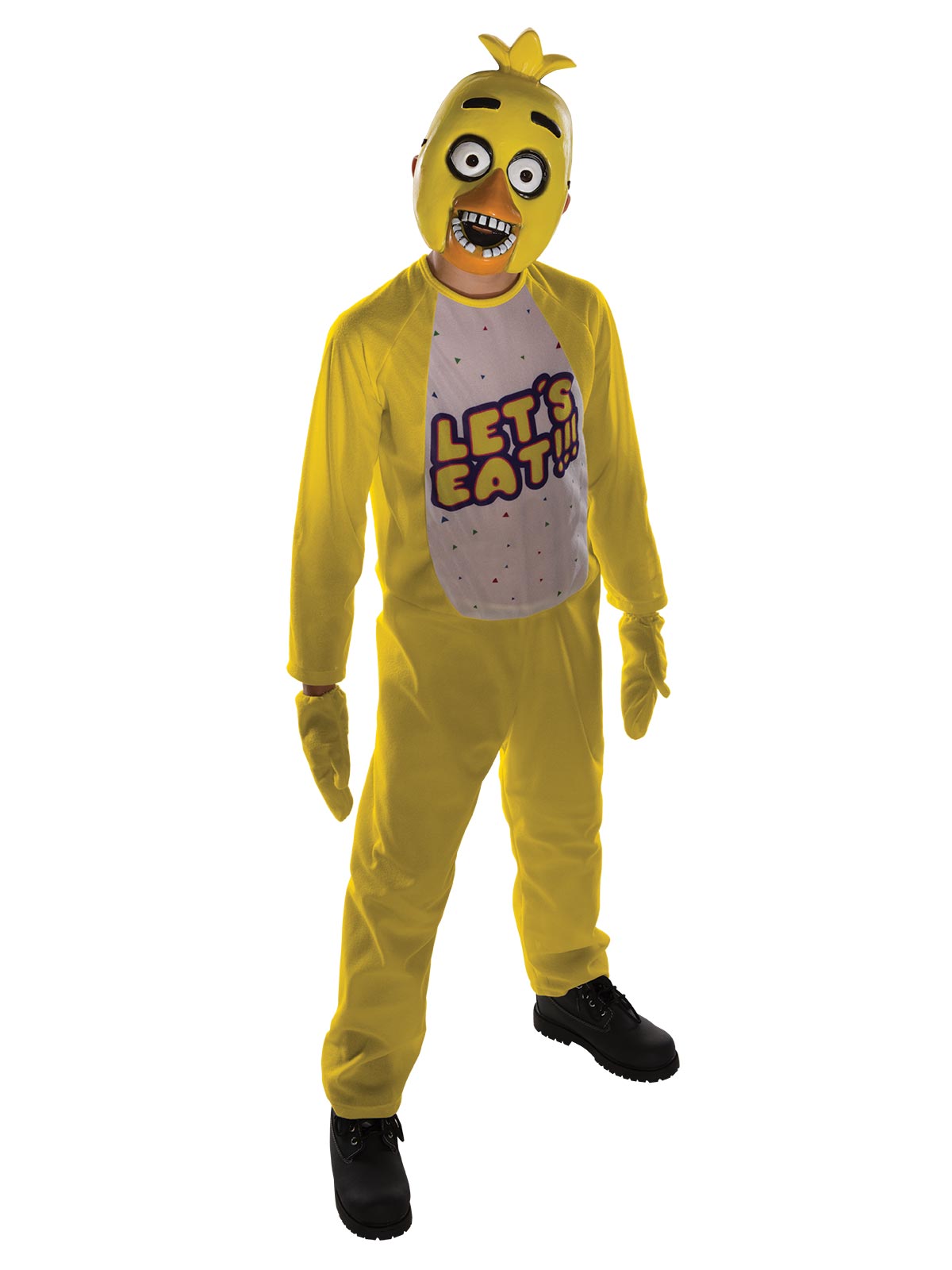 Child in yellow Five Nights at Freddy's Chica jumpsuit with Let's Eat bib, mitts and mask