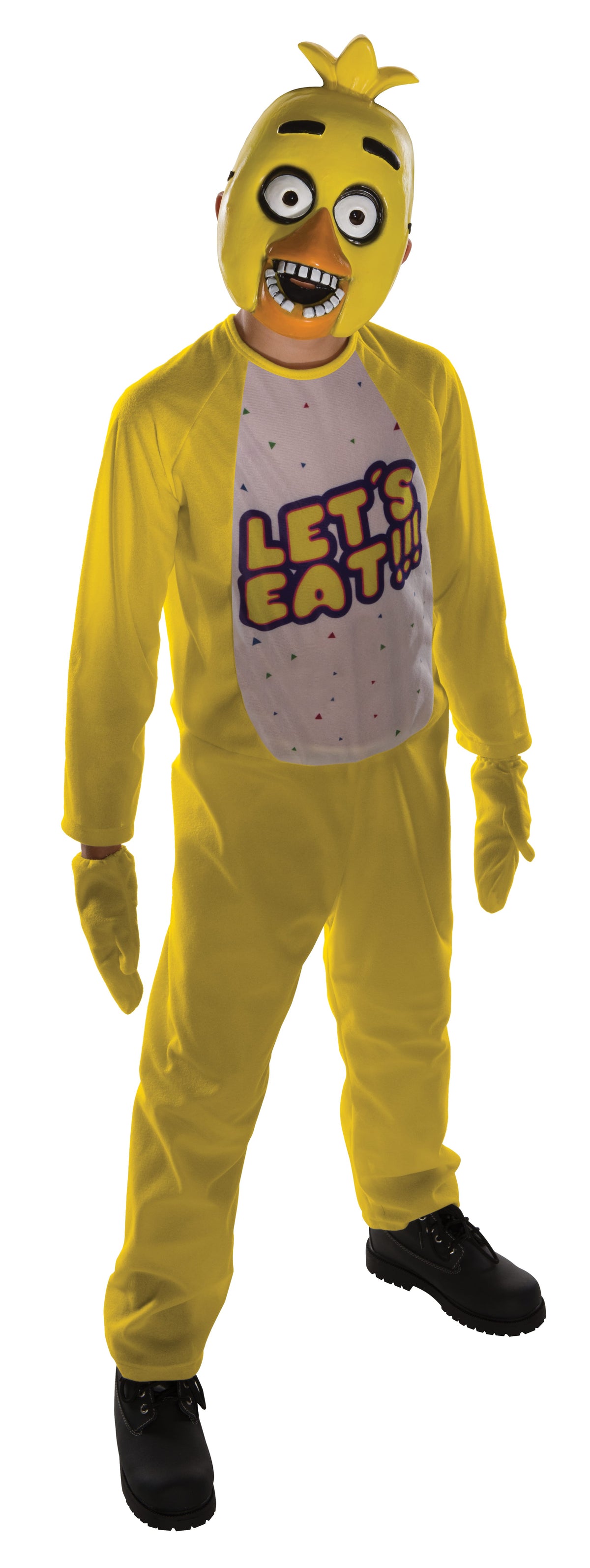 Chica costume with yellow jumpsuit, printed Let's Eat bib, yellow mitts and beaked mask