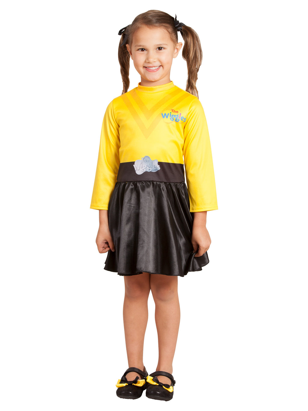 Front view of the Yellow Wiggle dress with long sleeves and a black skirt