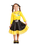 Girl wearing a yellow Wiggles dress with gold foil V stripes, metallic buckle belt and black satin skirt with yellow frill