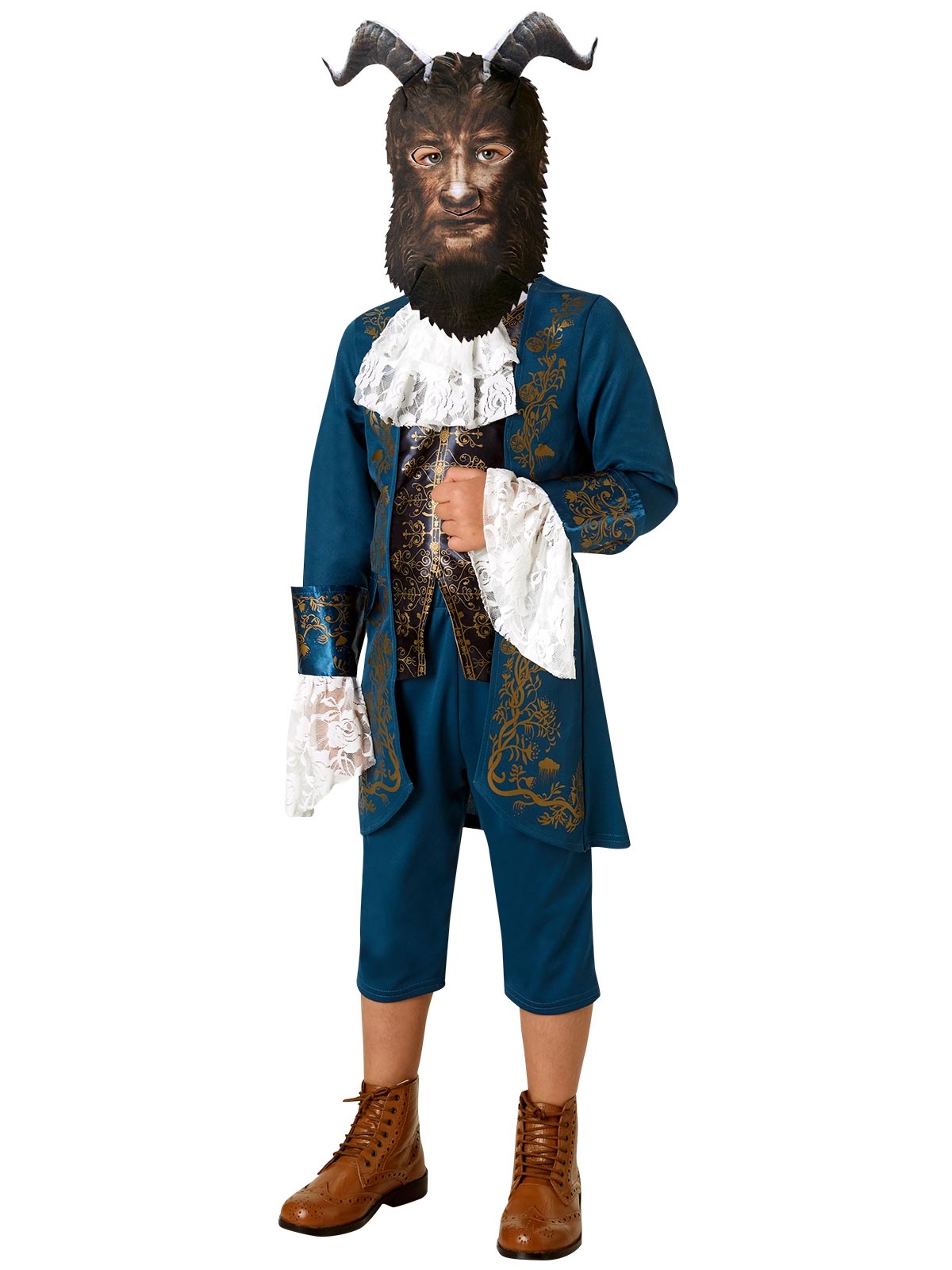 Side view of the Beast costume's teal jacket with lace cuffs, cravat and horned mask
